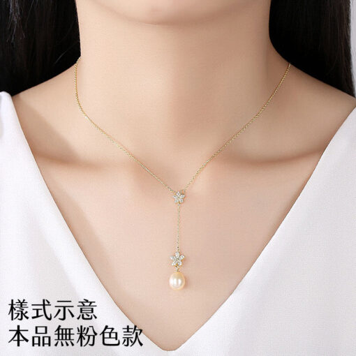 【7折出清】唯美花朵淡水真珍珠 925純銀 T型鏈：圖片 3