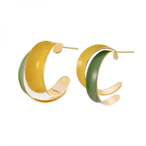 造型風綠黃相間滴釉耳環