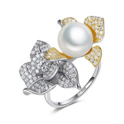 華麗風雙色擬珍珠 925純銀開口式戒指