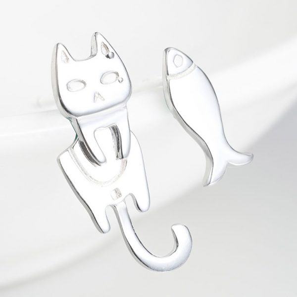 不對稱風酷貓&魚 925純銀耳環