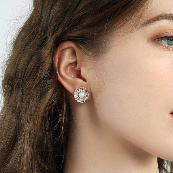 花開富貴擬珍珠鋯石耳環 (針式，夾式)