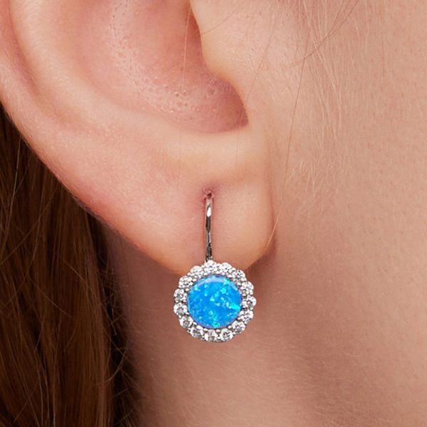 華麗風人造天藍蛋白石 925純銀耳環