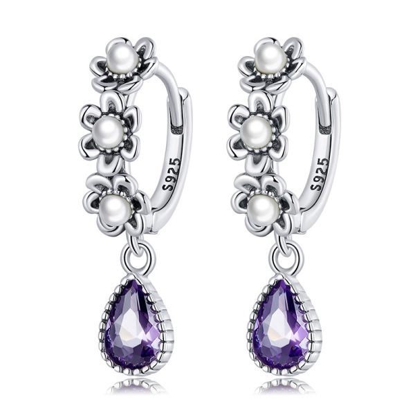 紫水滴鋯石小花貝珠 925純銀鋯石耳環