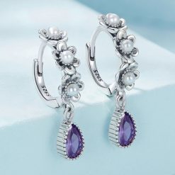 紫水滴鋯石小花貝珠 925純銀鋯石耳環