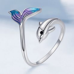 彩虹魚尾海豚 925純銀開口式戒指