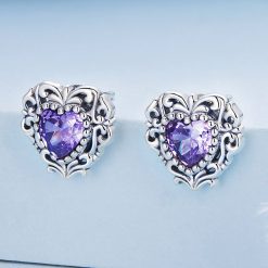 古典鏤刻紫心鋯石 925純銀耳環