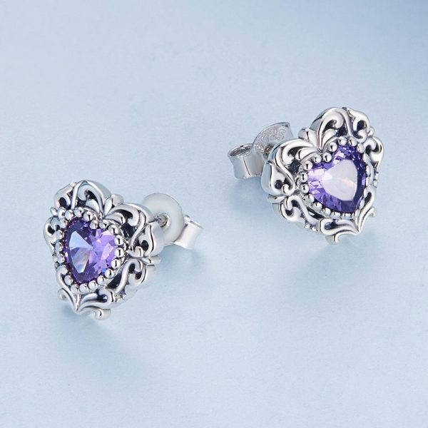 古典鏤刻紫心鋯石 925純銀耳環