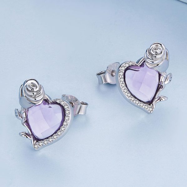 玫瑰愛心紫鋯石 925純銀耳環