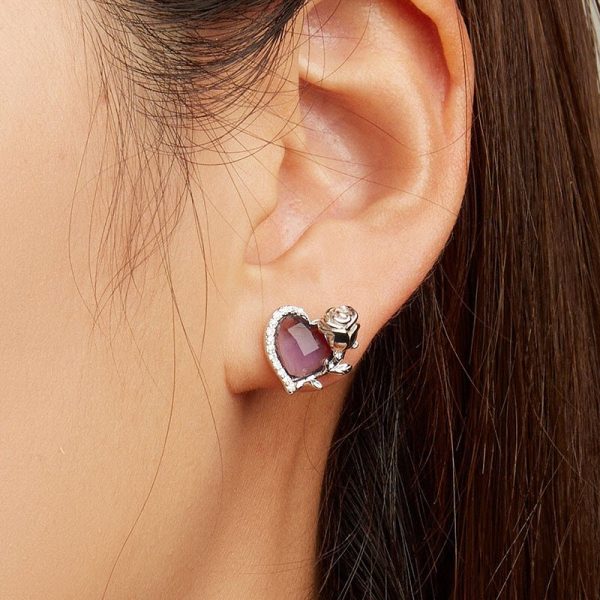 玫瑰愛心紫鋯石 925純銀耳環