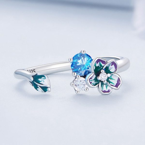 三色滴釉小花藍鋯石 925純銀開口式戒指
