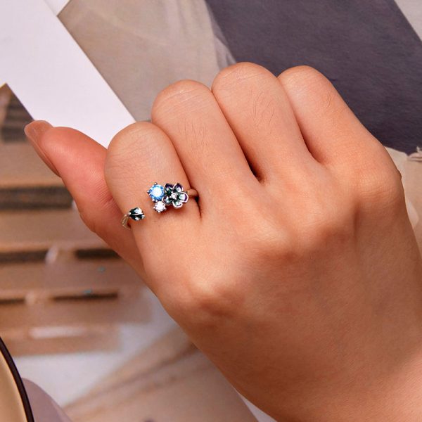三色滴釉小花藍鋯石 925純銀開口式戒指