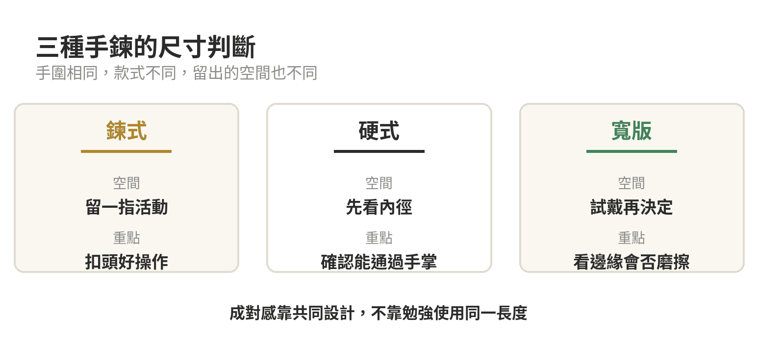 鍊式、硬式與寬版情侶手鍊的尺寸判斷
