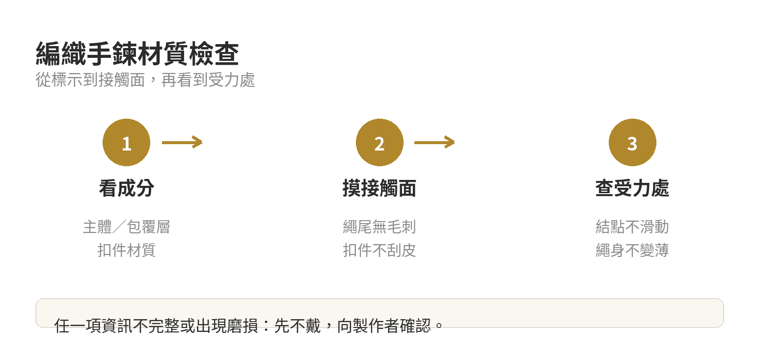 編織手鍊材質檢查流程：先看成分，再摸接觸面，最後檢查結點與扣件