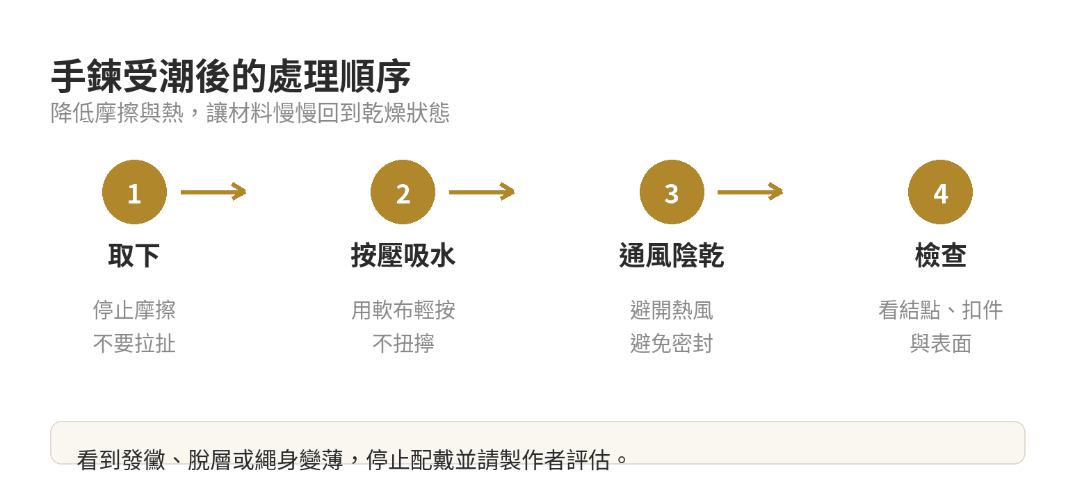 編織手鍊受潮後的保養流程：取下、按壓吸水、通風陰乾、檢查結點