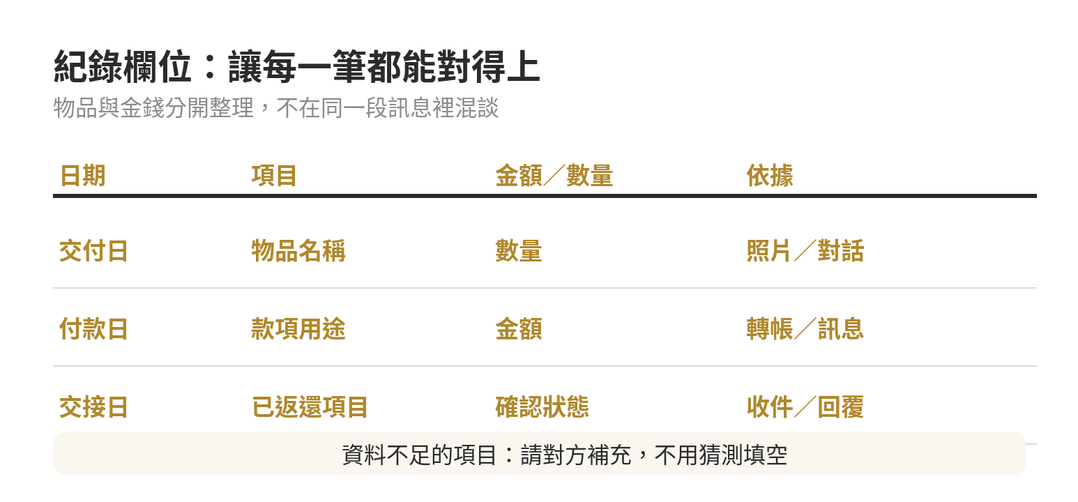 處理分手後返還要求的資料整理欄位