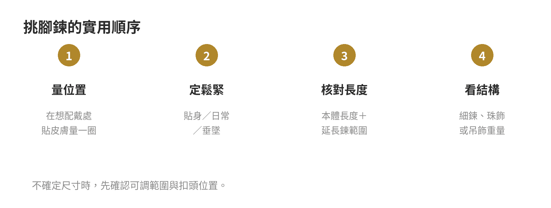 量腳踝、決定鬆緊、核對長度與檢查結構的腳鍊挑選順序
